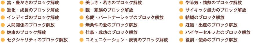 富・豊かさのブロック解放／進化・成長のブロック解放／インディゴのブロック解放／人間関係のブロック解放／健康のブロック解放／セクシャリティのブロック解放／美しさ・若さのブロック解放／親・家族のブロック解放／恋愛・パートナーシップのブロック解放／無条件の愛のブロック解放／仕事・成功のブロック解放／コミュニケーション・表現のブロック解放／やる気・情熱のブロック解放／サイキック能力のブロック解放／結婚のブロック解放／妊娠・出産のブロック解放／ハイヤーセルフとのブロック解放／役割・使命のブロック解放